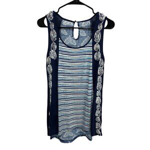 Blue & White Sleeveless Striped Floral Keyhole Back Tunic Top Size M Summer